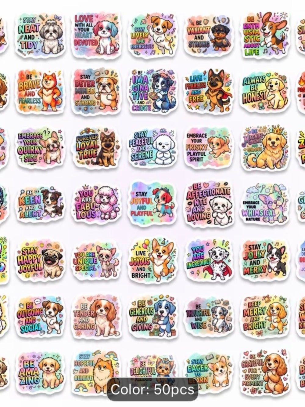 (50) Cute Inspirational Puppy Sticker Pack - Colorful Motivational Dogs